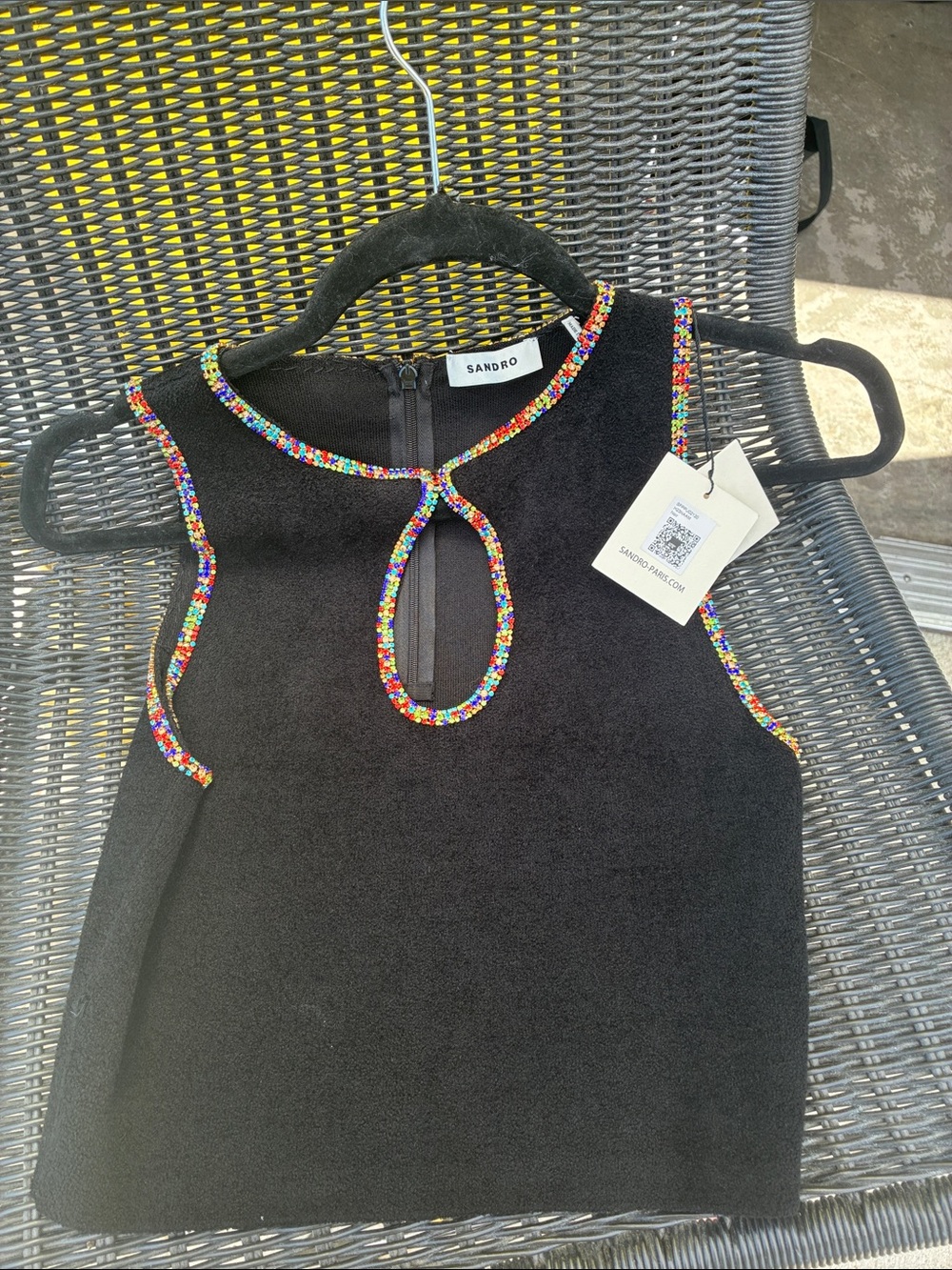Sandro Black Sleeveless top with Multicolor Crystal like Beaded Trim